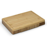 A rectangular bamboo cheese board with a smooth surface and a slightly raised edge. It includes ribbed sections on the side.