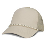 A beige trucker cap with a mesh back and decorative cord across the front.