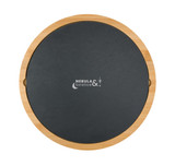 A round cheese board made of bamboo with a dark slate surface; features a logo in the centre.