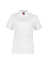 A white short sleeve chef jacket with a fitted design and a logo on the chest. Suitable for kitchen uniforms.