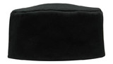 A black poly cotton chef's hat with a structured, round top. It features a simple design and has a logo.