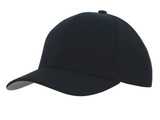 A black cap with a contrast peak under, featuring a logo on the front.