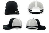 A black and white trucker cap featuring stripes, with a mesh design and a logo on the side.