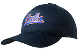 A navy blue cap made from breathable poly twill, featuring a logo on the front.
