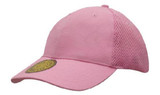 A pink cap with a mesh back and a round logo patch on the front.