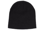 A black rolled down acrylic beanie with a soft texture and a simple, classic design.