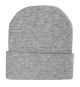 A grey acrylic beanie with a folded cuff, featuring a seamless design and soft texture.