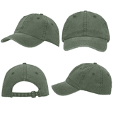 A green enzyme washed pigment dyed cotton twill cap displayed from multiple angles, featuring an adjustable strap and a logo.