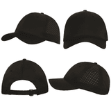 A black cap featuring tear drop perforations, with a logo and a curved brim, displayed from multiple angles.