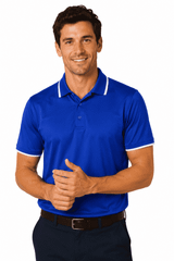 A blue men's polo shirt with white accents, featuring a collar and a branding logo.