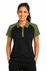 A polo shirt in black with green sleeves, featuring a collar and a central button placket. It includes a logo on the shirt.