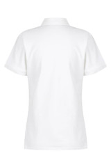 A white women's polo shirt featuring a classic design and short sleeves. It includes a logo on the fabric.