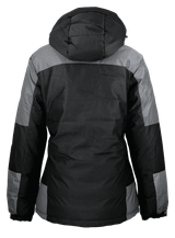 A women's jacket featuring a hood, primarily black with grey accents, showcasing a modern design.