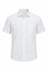 A short sleeve, button-up men's shirt in white with a single chest pocket. The shirt features a logo.