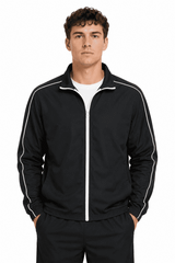 A black men's jacket with white stripes, featuring a zip front and a casual fit, with a logo present.