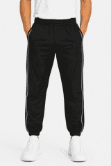 Black men's pants featuring white side stripes, with an elastic waistband and cuffed ankles. Suitable for casual wear.