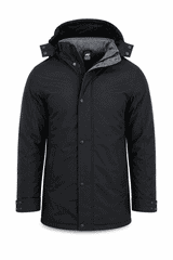 A black jacket with a hood and grey lining, featuring buttons and a logo on the chest.