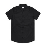 A short-sleeved black button-up shirt with a chest pocket and a logo on the label.