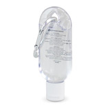 A clear hand sanitiser bottle with a white cap and a carabiner attached, containing 30ml of liquid.