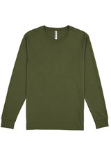 A long-sleeve tee in olive green, featuring a simple design and a brand label at the neck.