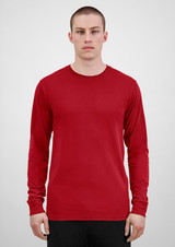 A red long sleeve men's tee featuring a simple design and fitted style. It has a branding logo.