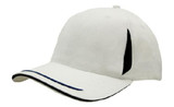 A white cap with a black peak trim, crown inserts, and sandwich details. It features a logo on the side.