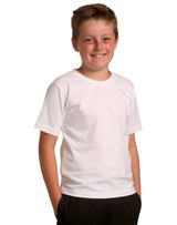 A white children's T-shirt displayed on a smiling boy, featuring short sleeves and a simple design.
