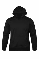 A black hoodie featuring a front pocket and a lined hood, with a subtle logo present.