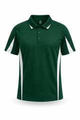 A green polo shirt featuring white side stripes and a logo, designed for kids.