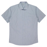 A short-sleeve button-up shirt in light blue with subtle stripes, featuring a single chest pocket and a logo.