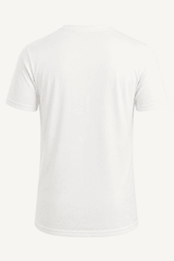 A plain white T-shirt featuring a round neck and short sleeves, with a branding logo on the back.