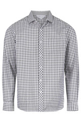 A long-sleeved button-up shirt in a black and white check pattern, featuring a branded logo.