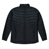 A black, padded jacket with a zip front and two side pockets; features a high collar and a sleek design.