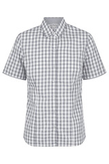 A short-sleeve button-up shirt in a grey and white check pattern, featuring a collar and buttons. Includes a logo.