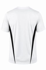 A white men's T-shirt with black side panels and short sleeves, featuring a logo on the back.