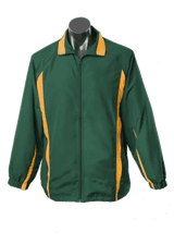 A green track jacket with yellow stripes, featuring a front zip and a collar. It has a logo on the chest area.
