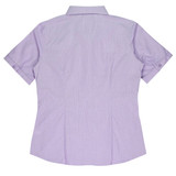 A short-sleeve, button-up shirt in light purple with a fitted back design. It features a collar and cuffed sleeves.