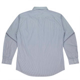 A long-sleeve button-up shirt in light blue with a striped pattern and a logo.