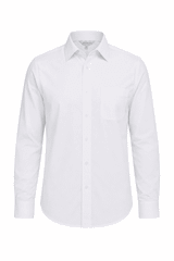 A white long sleeve button-up shirt with a collar and a single chest pocket. Features a logo on the label.
