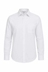 A long sleeve men's shirt in white, featuring a chest pocket and a collar. Includes a logo on the front.