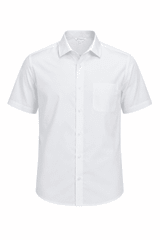 A short sleeve, button-up men's shirt in white with a single chest pocket. The shirt features a logo.