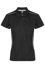 A black polo shirt with a collared neck and white detailing, featuring buttons and a logo.