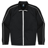 A black jacket with white piping details and a front zip, featuring a label with branding.