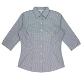 A button-up shirt featuring a grey and white check pattern with 3/4 sleeves and a collar. It has a logo on the label.
