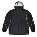 A black jacket with a hood and reflective detailing, featuring two side pockets and an adjustable drawstring hem.