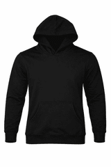 A black hoodie featuring a front pocket and a hood. Includes a logo on the chest area.