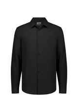 A black long sleeve shirt with a collar and button-up front, featuring a logo on the label.