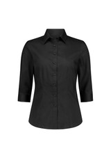 A black women's shirt featuring a 3/4 sleeve design and a button-up front, with a branding logo.
