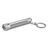 A silver torch key ring with a keychain attachment, featuring a sleek design and textured grip. A silver torch key ring with a keychain attachment, featuring a sleek design and textured grip.