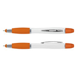 A multi-function pen with a white body and orange accents, featuring a silver clip and details.